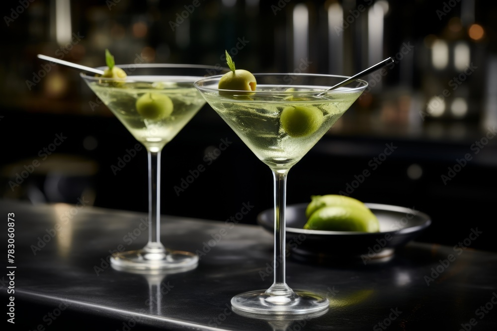 Martini cocktails clashing in bar, toasting cheers concept for socializing and celebrating