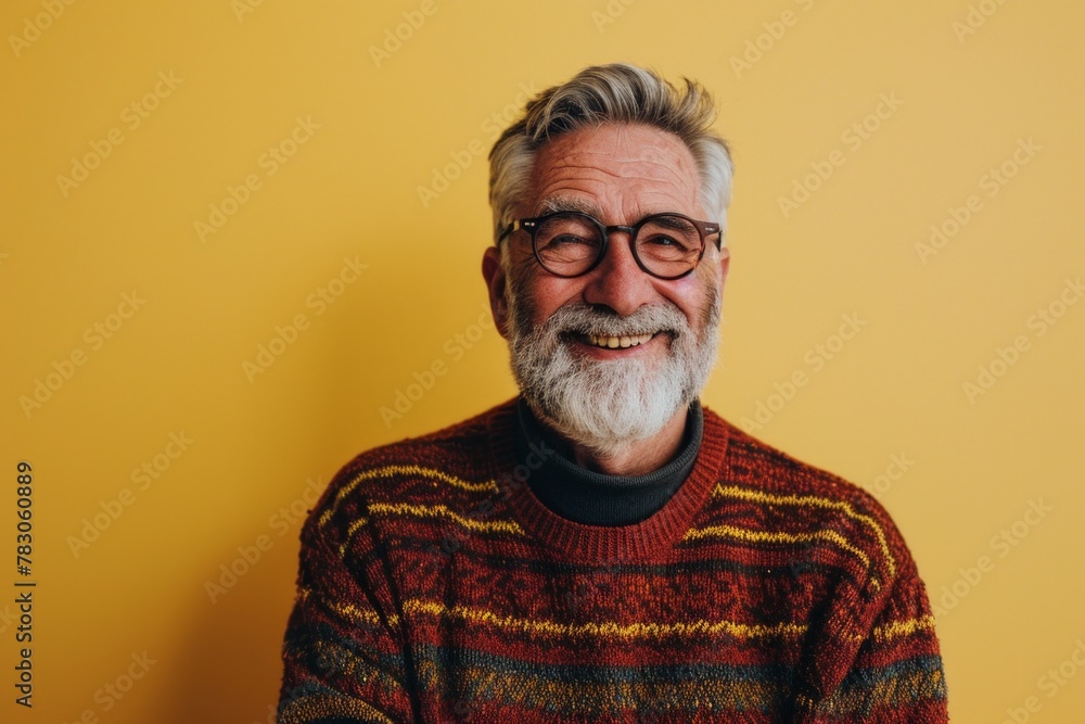 Portrait of a senior man with grey beard and glasses in a colorful sweater on a yellow background Portrait of a senior man with grey beard and glasses in a colorful sweater on a yellow background