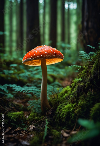 Explore the enchanting world of nature with a vibrant mushroom standing tall in a dense forest