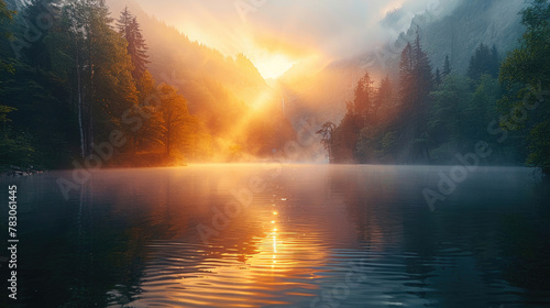 A serene lake enveloped in a veil of morning fog, creating an air of tranquility and mystery