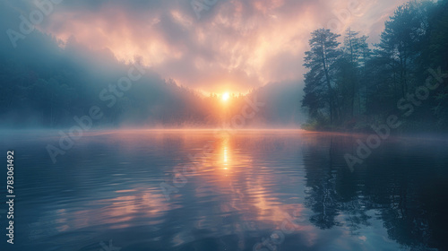 A serene lake enveloped in a veil of morning fog  creating an air of tranquility and mystery