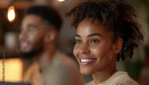 woman with curly hair and glasses is smiling. She is wearing a brown sweater and is sitting next to man who is also smiling. Scene is happy and friendly. a Caribbean mixed-race woman and a French man
