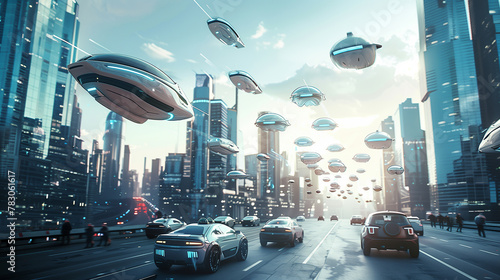 A futurist city with cars lining the streets and vehicles floating above. The cars are sleek and modern. And the city is filled with tall buildings and cutting-edge architecture. The scene is one of e