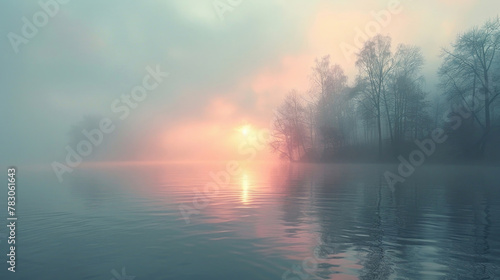 A serene lake enveloped in a veil of morning fog, creating an air of tranquility and mystery