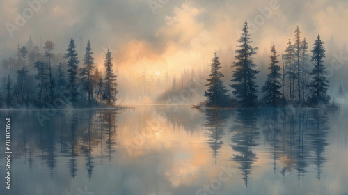 A serene lake enveloped in a veil of morning fog, creating an air of tranquility and mystery © Veniamin Kraskov