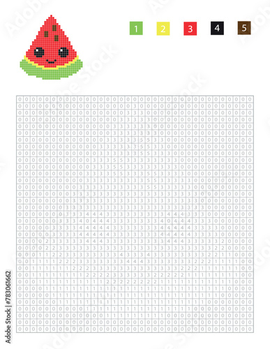 Education game for children. Pixel cute watermelon in the coloring page with number squares, vector illustration