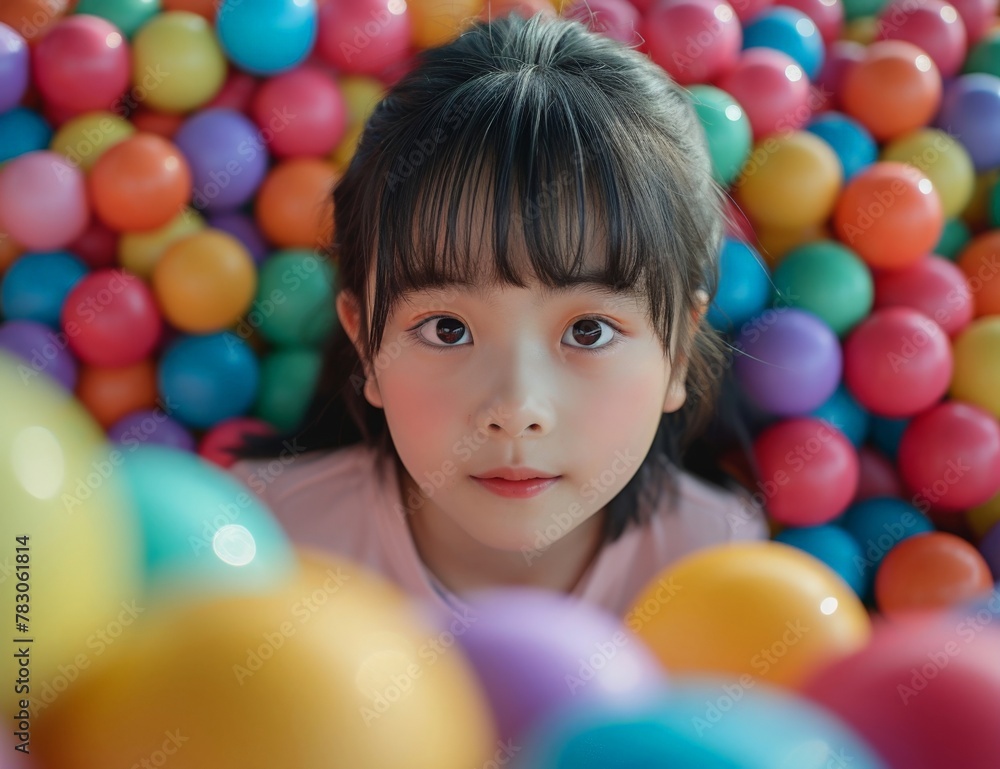 Obraz premium Young Asian girl playing in a colorful ball pit, surrounded by vibrant balls and having fun