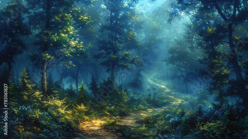 A winding forest path obscured by a blanket of morning fog, inviting exploration and discovery © Veniamin Kraskov