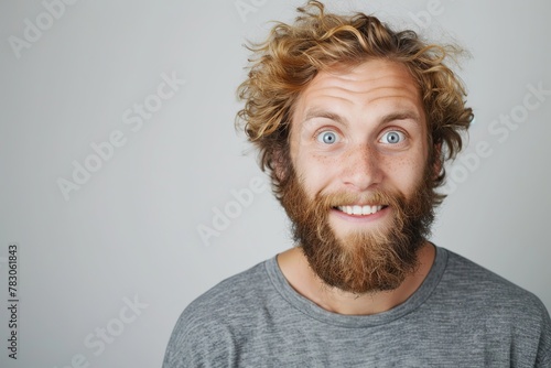 A very excited, surprised man looks at the camera with his mouth open, isolated on a light gray background. A funny-looking red-haired and bearded man. Live emotions. Idea for advertising. Copy space