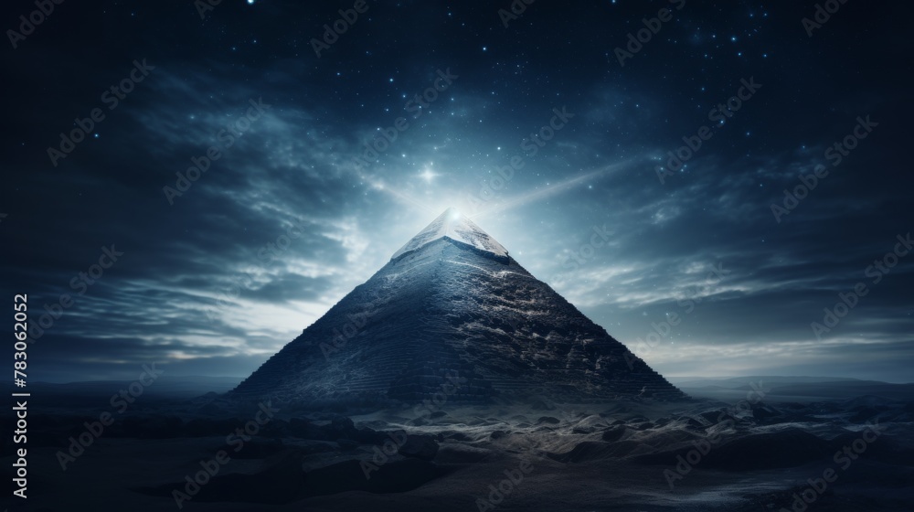 Majestic great pyramid on mountain summit, bathed in ethereal moonlight, casting a mystical glow Majestic great pyramid on mountain summit, bathed in ethereal moonlight, casting a mystical glow