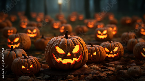 Spooky Halloween Pumpkins in Forest with Glowing Faces