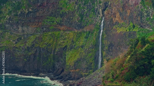 Picturesque view of the waterfall at Miradouro Veu de sa Noiva, Madeira Portugal photo