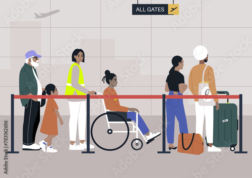 Bustling Terminal Queue, Diverse Travelers Navigating the Airport Gates, Passengers await their turn in a busy airport line, reflecting the diversity of modern travel