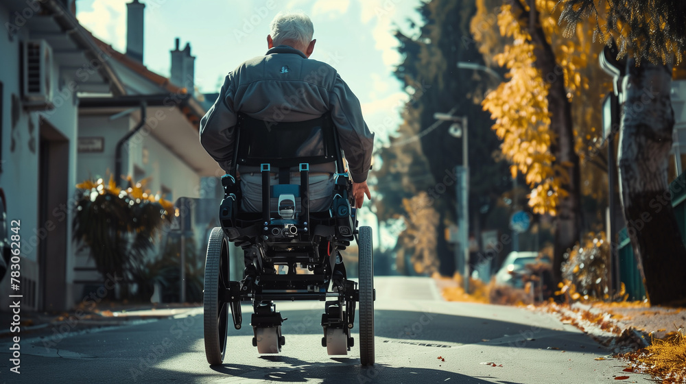 Obraz premium An elderly man rides a robot wheelchair to assist the disabled. A smart robot is driving along the road. The concept of belonging to a man of that age Navigating the road This scene also indicates the