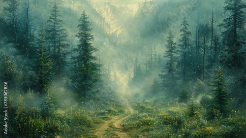 A winding forest path obscured by a blanket of morning fog, inviting exploration and discovery © Veniamin Kraskov