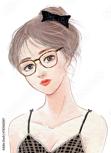 縁メガネに下着姿のおしゃれな20代女性水彩風イラスト