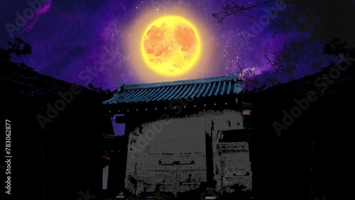 寂れた江戸時代風の武家屋敷の大門の白黒シルエットと怪しく輝く満月と夜空の背景イラスト photo