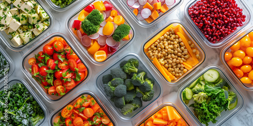 Assorted fresh vegetables and legumes neatly organized in meal prep containers, a vibrant array of greens, reds, and yellows for healthy eating and nutrition planning. 