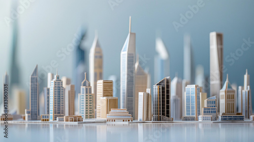 Miniature paper cityscape on blue background, perfect for architectural presentations or urban development projects photo