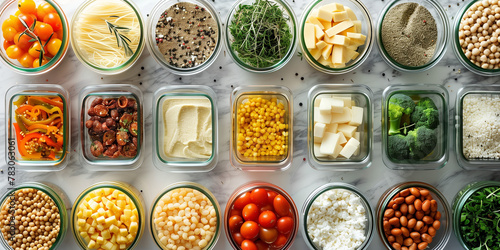 Assorted fresh vegetables and legumes neatly organized in meal prep containers, a vibrant array of greens, reds, and yellows for healthy eating and nutrition planning. 