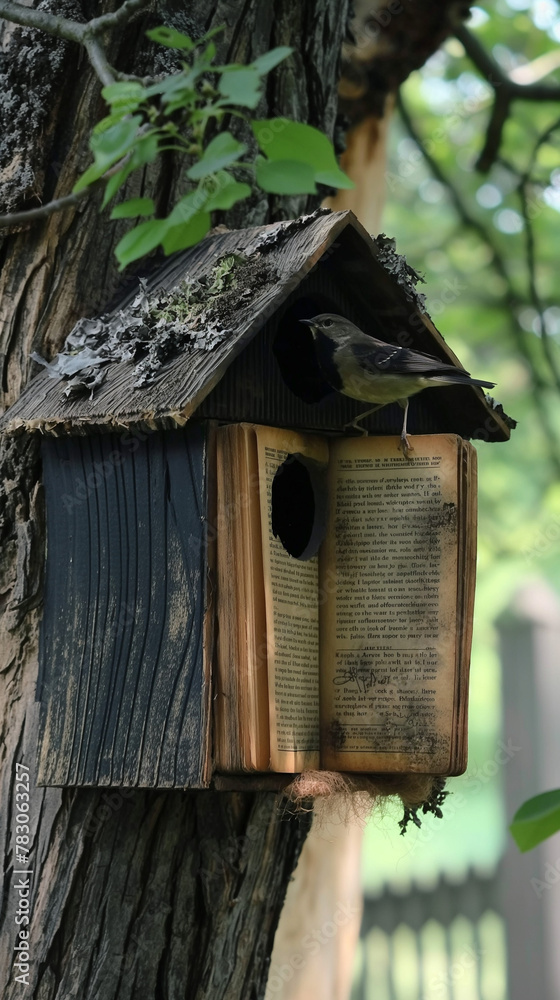 A bird perching on a literary-themed birdhouse among green leaves, symbolizing the blend of nature and education for creative outdoor designs