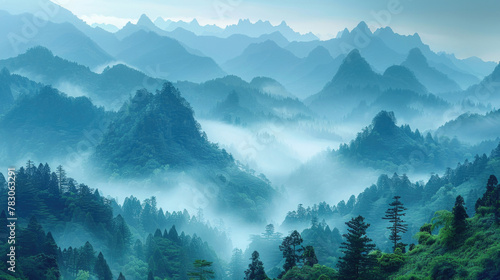 Majestic mountain peaks shrouded in a veil of morning fog, creating a sense of awe and grandeur © Veniamin Kraskov