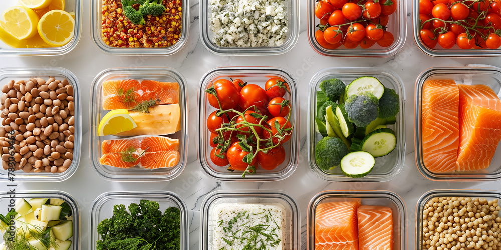 Assorted fresh vegetables and legumes neatly organized in meal prep ...