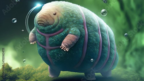 3D cartoon rendering at microscope, of funny Tardigrade, or Water Bear. These micro-animals belong to the same phylum, and are known for their incredible resilience to extreme environments. photo