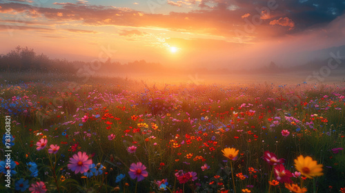 A tranquil meadow bathed in the soft glow of dawn  with wildflowers peeking through the morning fog