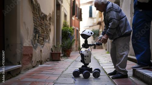 An assistance robot in the park is helping an elderly man. The robot is white.
