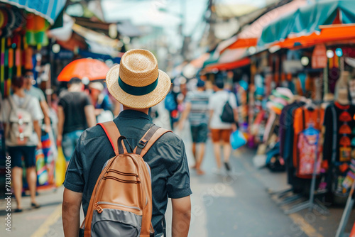 Voyageur portant un chapeau et un sac à dos en Asie photo