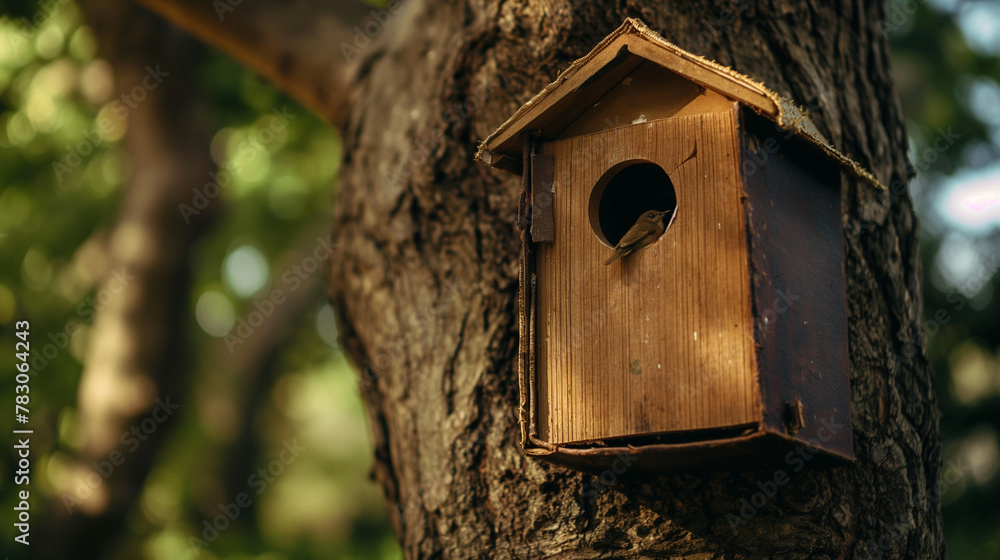 Rustic Wooden Birdhouse Merging with Nature, a Symbol of Coexistence for Environmental Campaigns and Rustic Home Decor Ideas