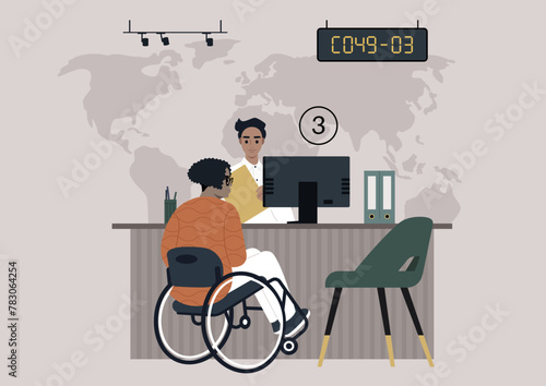 Senior Client at Bank Reception With Assistant, Elderly citizen in a wheelchair being assisted by an employee