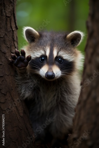 Adorable raccoon with a bright smile and cute little paws raised in a charming pose