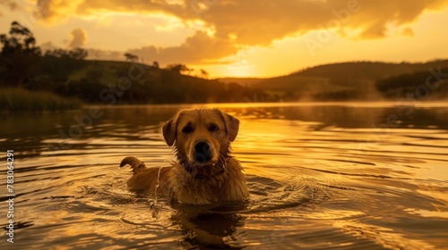 Dog bathing in river, australian shepherd enjoying nature, sunset with pet at the lake photo