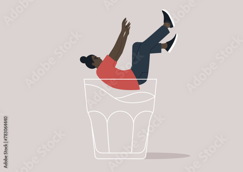 A character falling into the depths of an empty glass, symbolizing the descent into the metaphorical rock bottom, associated with alcohol problems