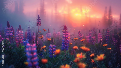 A tranquil meadow bathed in the soft glow of dawn, with wildflowers peeking through the morning fog © Veniamin Kraskov