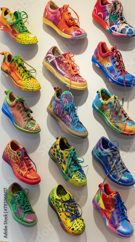 Dynamic wall of graffiti-inspired shoes, great for urban style campaigns and trendy footwear marketing