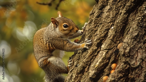 With agile movements, the grey squirrel balances on the slick tree trunk, its keen sense of smell leading it to a cache of stored acorns hidden nearby. © peerawat
