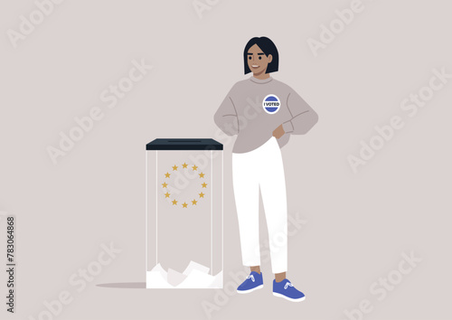 Proud Citizen Casting Vote at EU Ballot Box, A smiling character dons an I Voted badge at the European Union Parliament elections