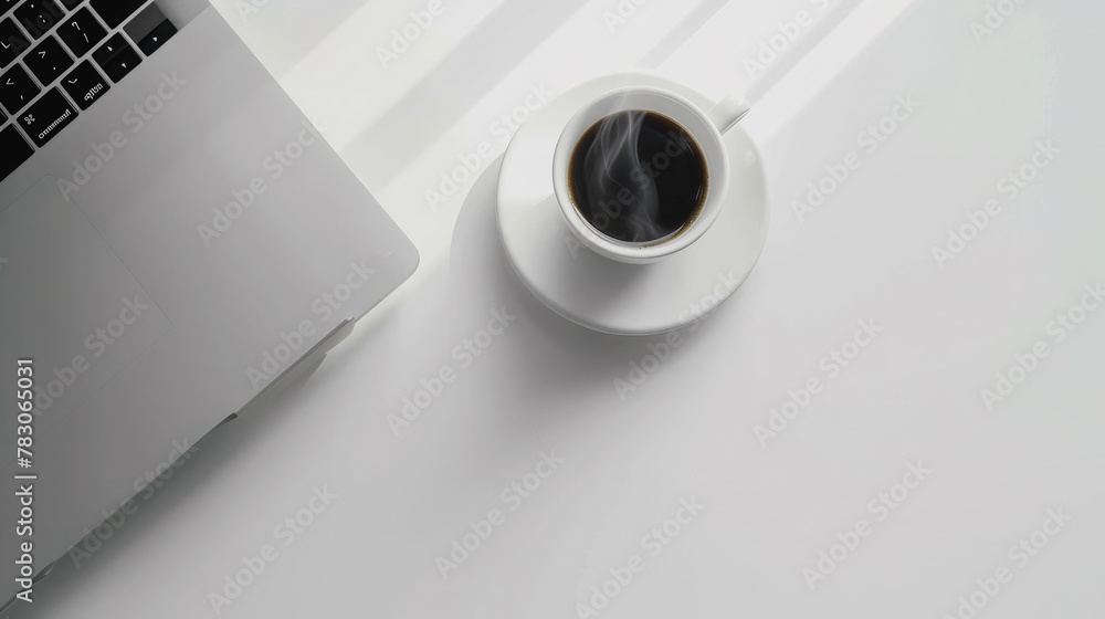 Top View Coffee break and laptop on workspace white background. Top View Coffee break and laptop on workspace white background.