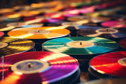 Retro vinyl record collection with edited scratches and light leaks for nostalgic music appreciation