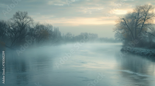 A meandering river bend shrouded in a veil of morning fog  creating a sense of mystery and allure