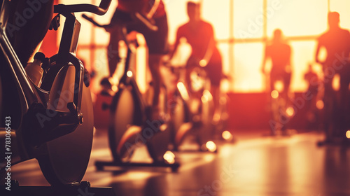 people biking in spinning class at modern gym, exercising on stationary bike. group of caucasian people athletes training on exercise bike photo