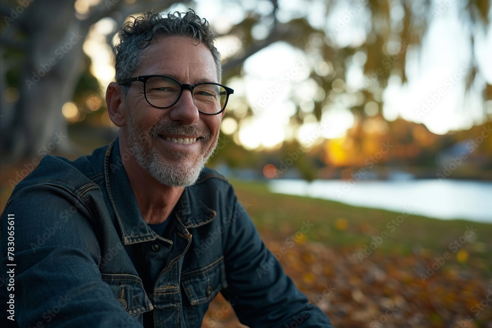 Portrait of a smiling senior man sitting in a park in autumn