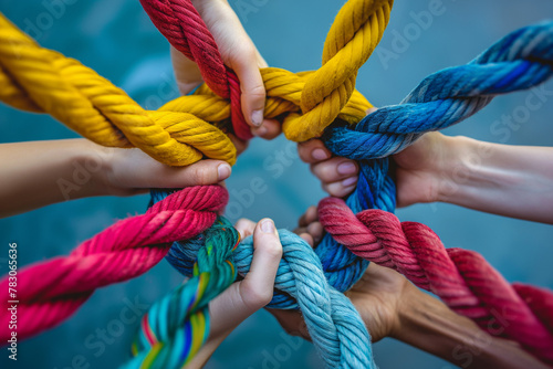 Team rope diverse strength connect partnership together teamwork unity communicate support. Generative AI photo