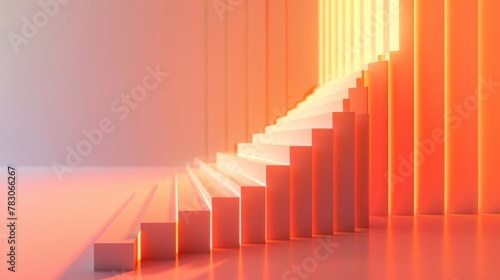 A 3D line graph illustrating a rising trend from a straight-on perspective  with each segment higher than the last  showcasing a consistent growth pattern