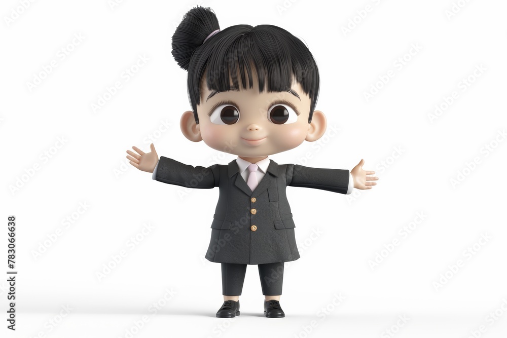 a 3D cartoon character portraying a woman in a sleek business suit, exuding professionalism and expertise as a trusted advisor in the corporate world. a 3D cartoon character portraying a woman in a sleek business suit, exuding professionalism and expertise as a trusted advisor in the corporate world.