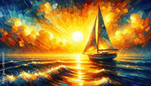 Sailboat Against Vibrant Sunset Impressionist Painting photo