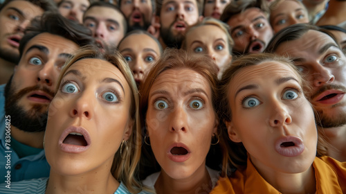 A group of people are staring at something. Concept of surprise and excitement, as if the group is witnessing something unexpected. candid group portrait of surprised people looking towards the center